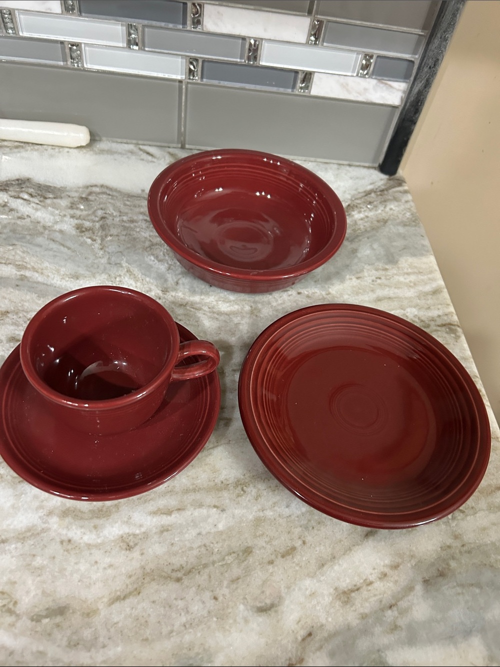 Fiesta claret burgundy 4 piece set cup& saucer cereal bowl & 7” salad dessert pl